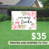 Birthday Yard Sign - Watercolor Floral with Gold Frame 2