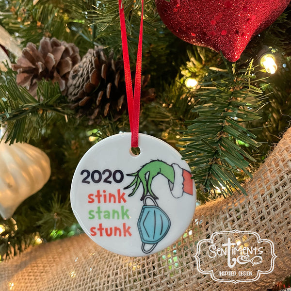 2020 Stink Stank Stunk Grinch inspired hand with mask Ornament