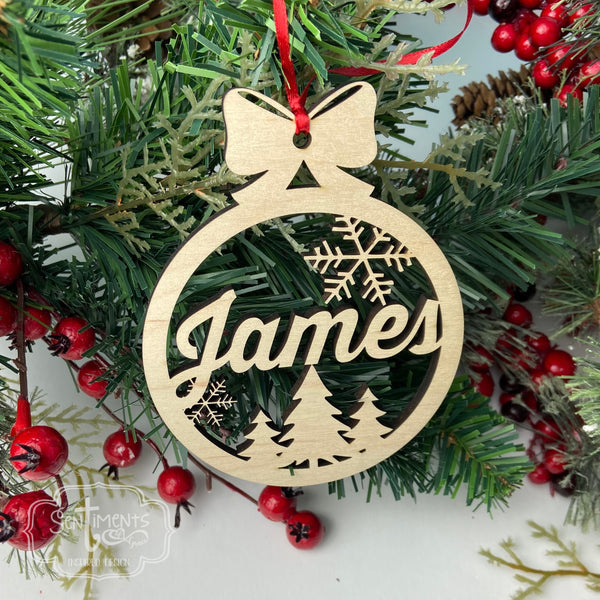 Bows Trees and Snowflakes Personalized Name Ornament