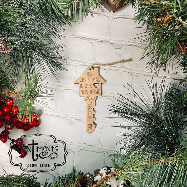 First Christmas in Our New Home 2021 Key Shaped Wood Ornament - Custom Engraved
